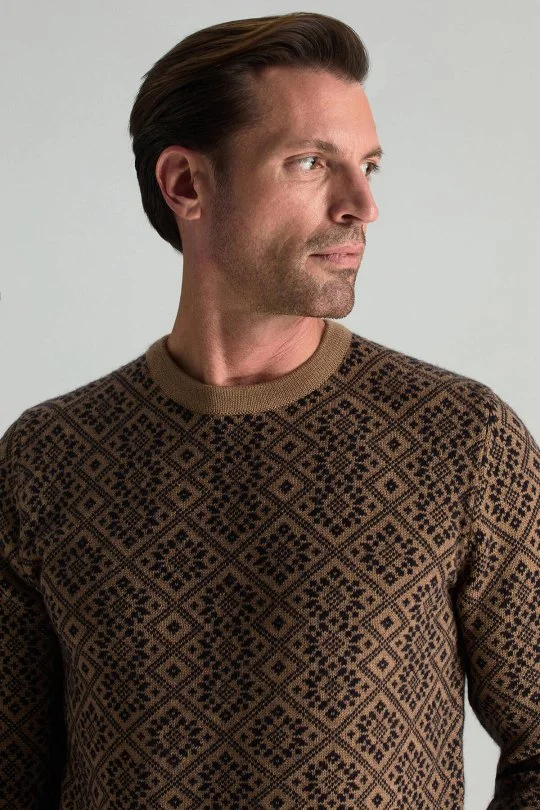 Hemington - Merino Yünü Kar Desenli Camel Triko Kazak (1)