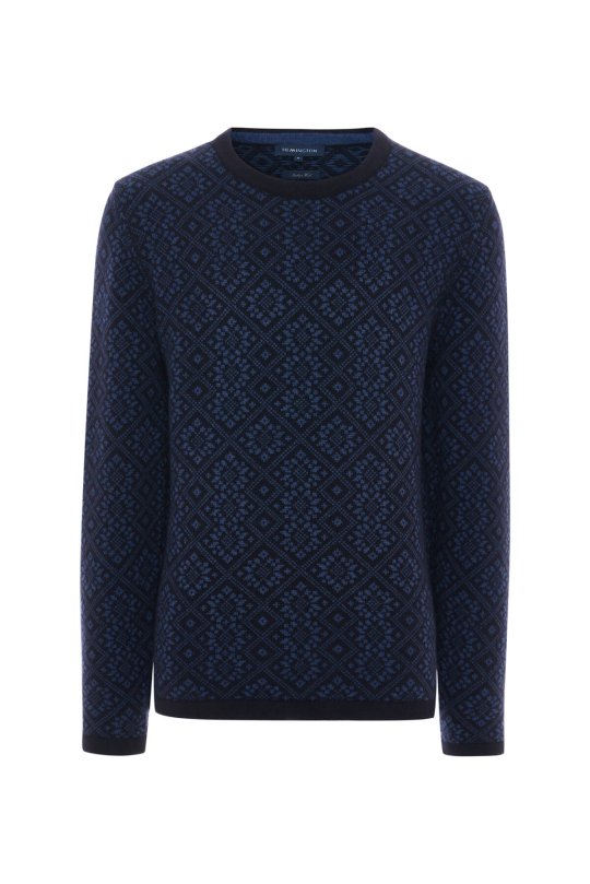 Merino Yünü Kar Desenli Lacivert Triko Kazak