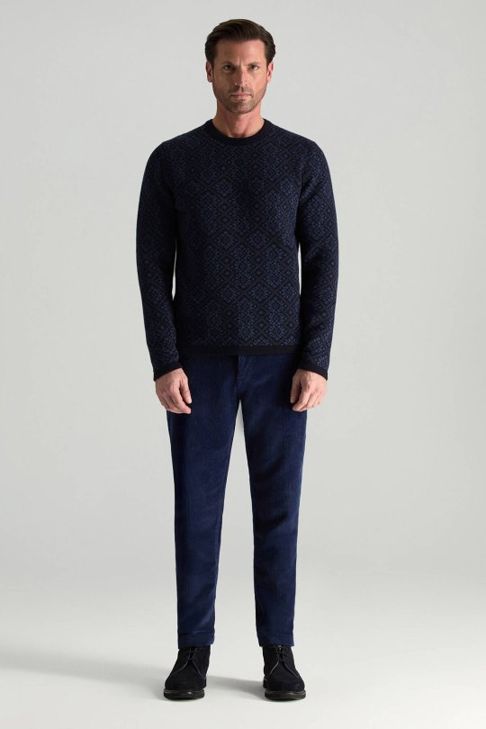 Merino Yünü Kar Desenli Lacivert Triko Kazak