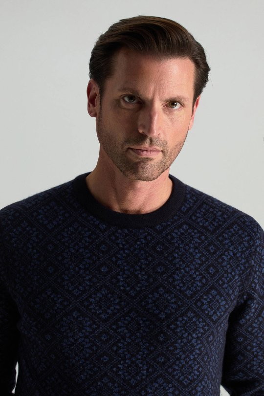 Merino Yünü Kar Desenli Lacivert Triko Kazak