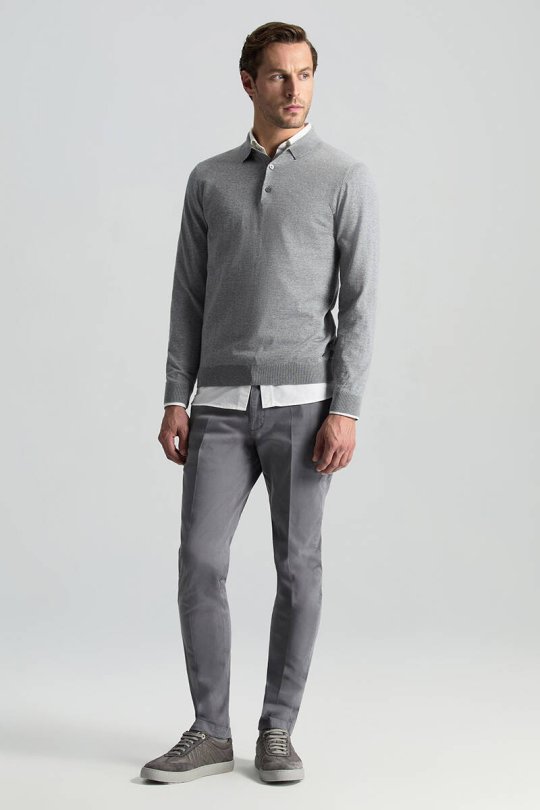 Merino Yünü Polo Yaka Açık Gri Triko