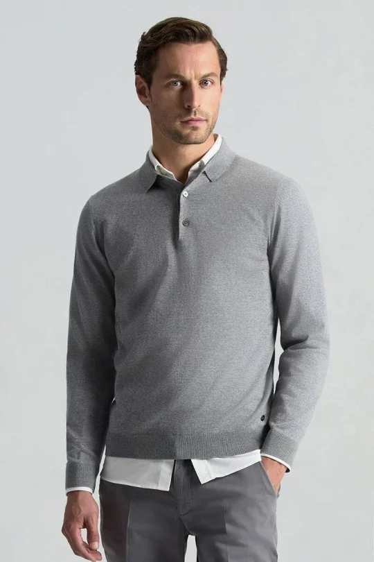 Hemington - Merino Yünü Polo Yaka Açık Gri Triko