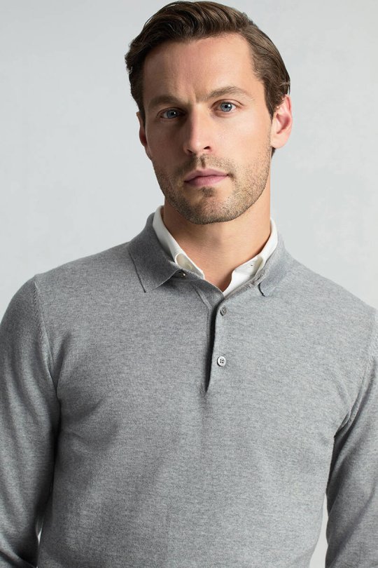 Merino Yünü Polo Yaka Açık Gri Triko