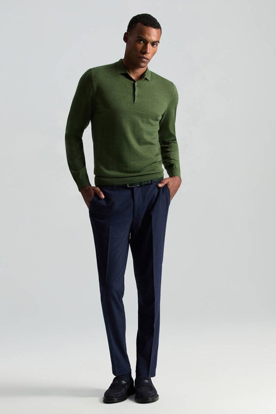 Merino Yünü Polo Yaka Açık Yeşil Triko