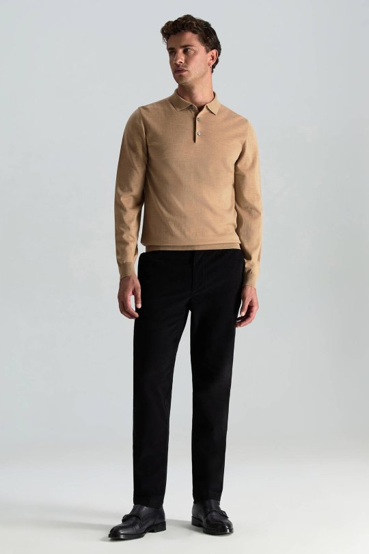 Merino Yünü Polo Yaka Camel Triko