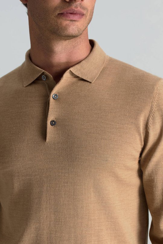 Merino Yünü Polo Yaka Camel Triko