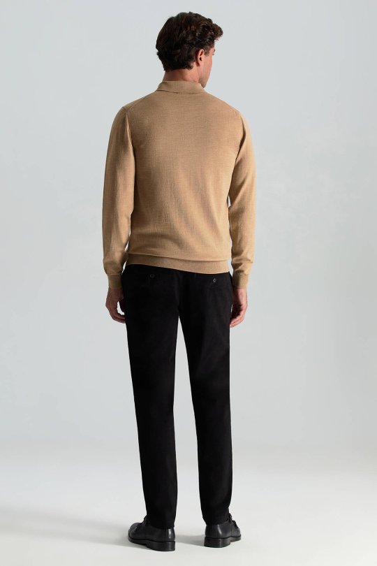 Merino Yünü Polo Yaka Camel Triko