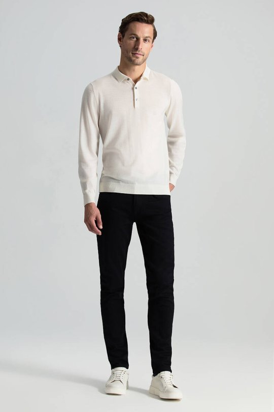 Merino Yünü Polo Yaka Ekru Triko