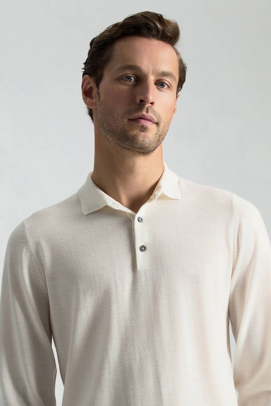 Merino Yünü Polo Yaka Ekru Triko