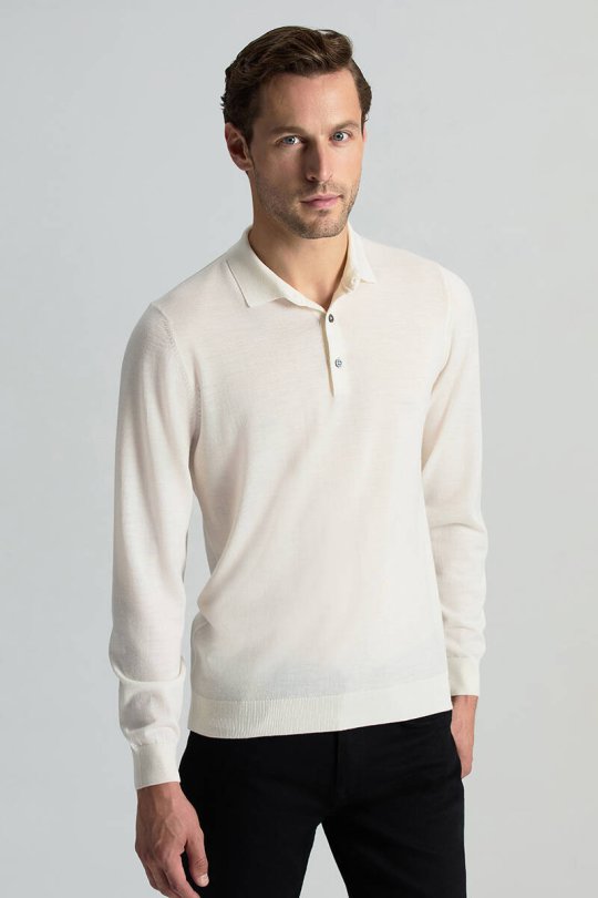 Merino Yünü Polo Yaka Ekru Triko