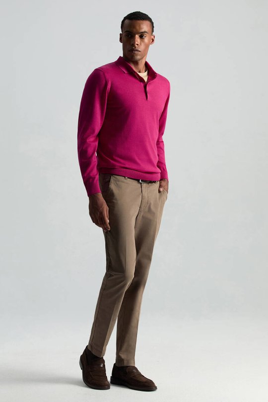 Merino Yünü Polo Yaka Fuşya Triko