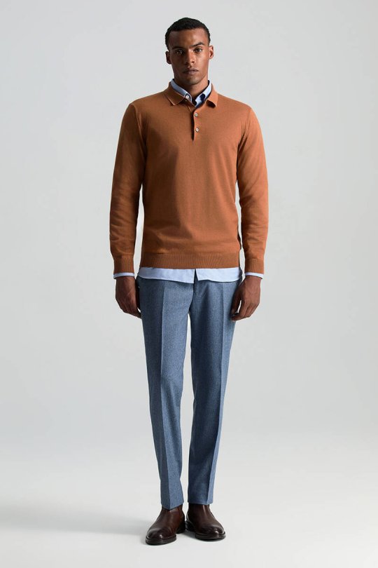 Merino Yünü Polo Yaka Konyak Rengi Triko