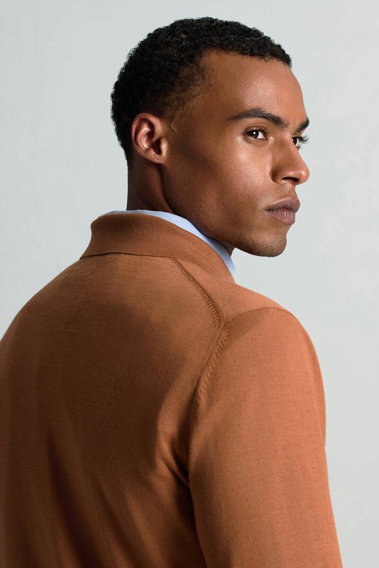 Merino Yünü Polo Yaka Konyak Rengi Triko