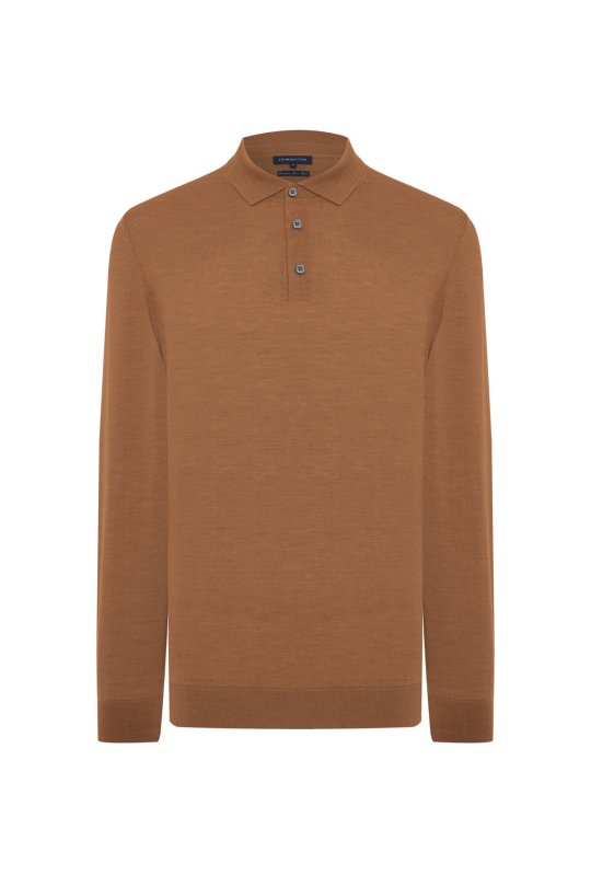 Merino Yünü Polo Yaka Konyak Rengi Triko