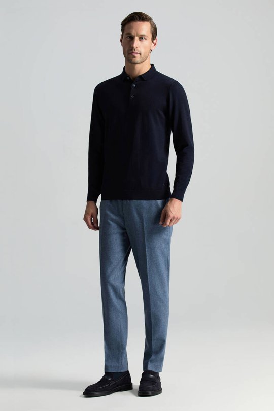 Merino Yünü Polo Yaka Lacivert Triko