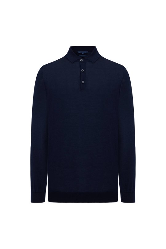Merino Yünü Polo Yaka Lacivert Triko