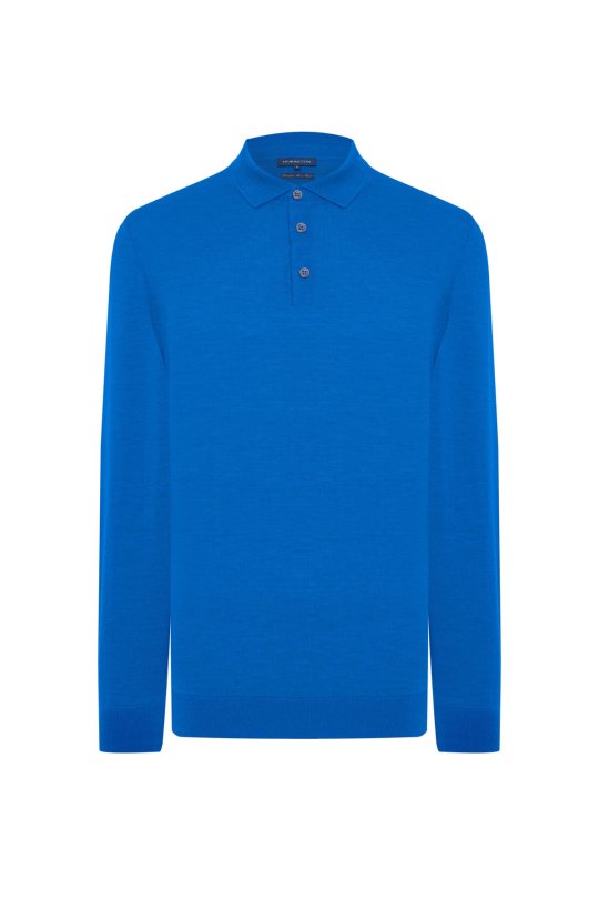 Merino Yünü Polo Yaka Mavi Triko