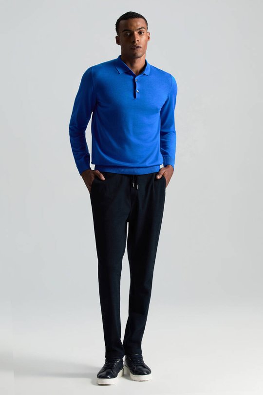 Merino Yünü Polo Yaka Mavi Triko