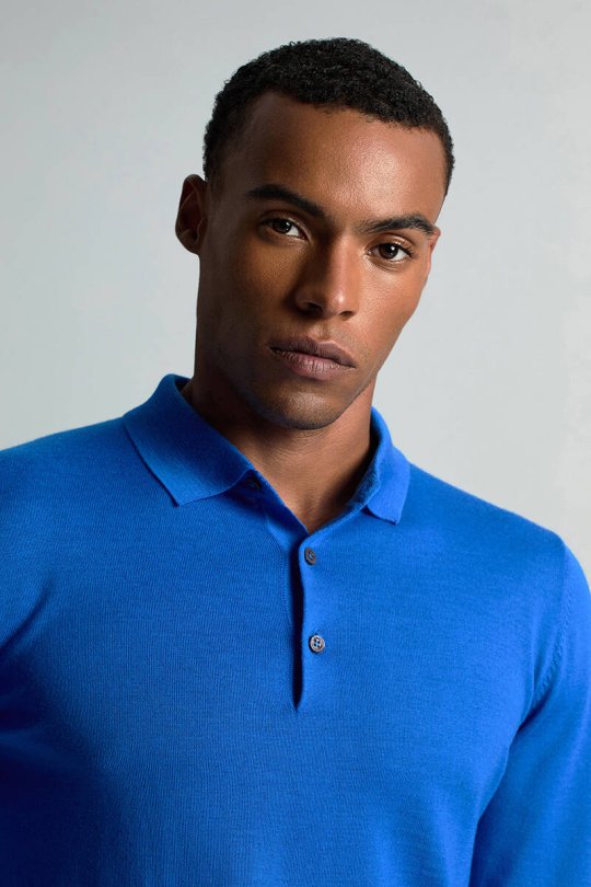 Merino Yünü Polo Yaka Mavi Triko