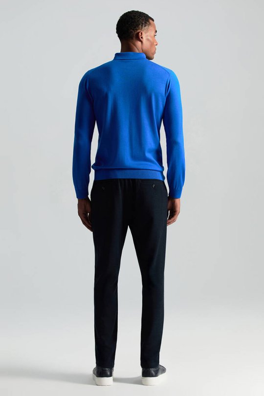 Merino Yünü Polo Yaka Mavi Triko