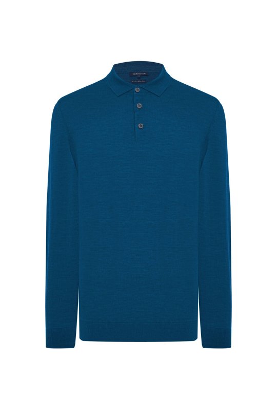 Merino Yünü Polo Yaka Petrol Mavisi Triko