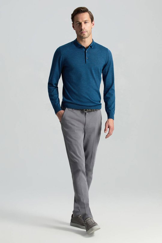 Merino Yünü Polo Yaka Petrol Mavisi Triko