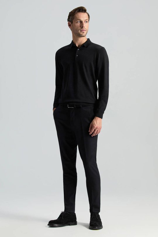 Merino Yünü Polo Yaka Siyah Triko