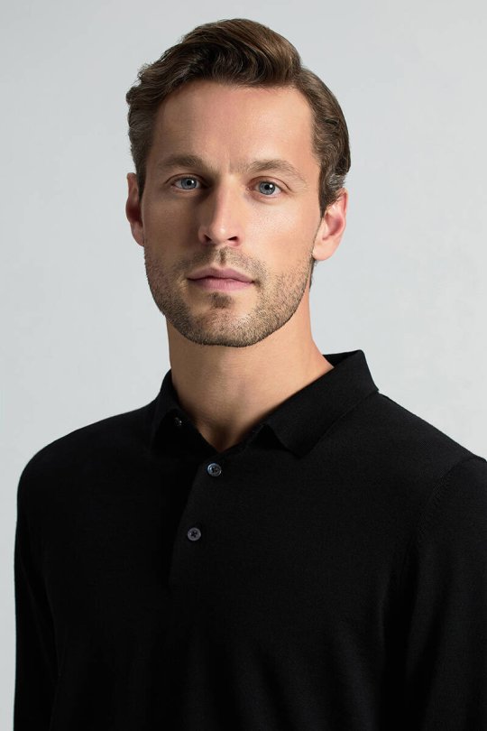 Merino Yünü Polo Yaka Siyah Triko