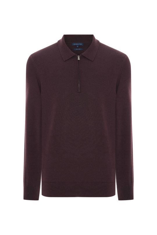 Merino Yünü Polo Yaka Yarım Fermuarlı Bordo Triko Kazak