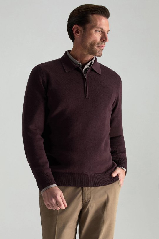 Merino Yünü Polo Yaka Yarım Fermuarlı Bordo Triko Kazak
