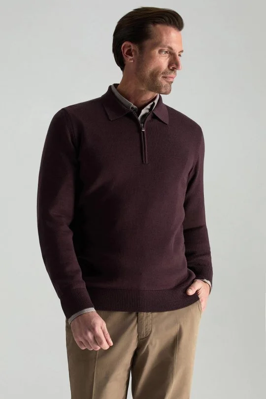 Hemington - Merino Yünü Polo Yaka Yarım Fermuarlı Bordo Triko Kazak (1)