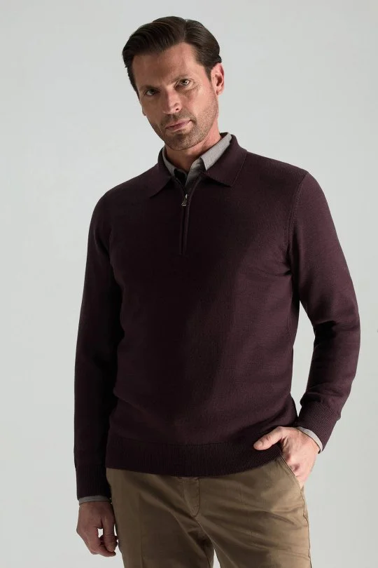 Hemington - Merino Yünü Polo Yaka Yarım Fermuarlı Bordo Triko Kazak