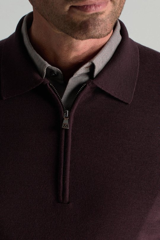 Merino Yünü Polo Yaka Yarım Fermuarlı Bordo Triko Kazak