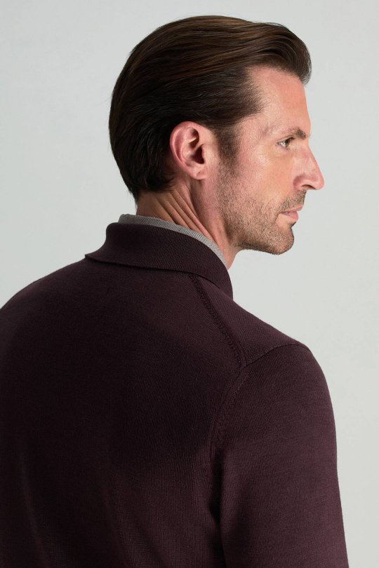 Merino Yünü Polo Yaka Yarım Fermuarlı Bordo Triko Kazak