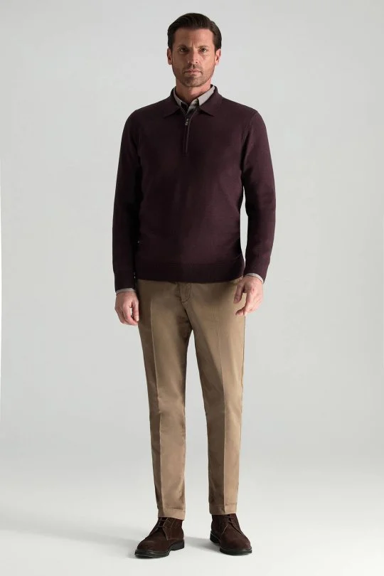 Hemington - Merino Yünü Polo Yaka Yarım Fermuarlı Bordo Triko Kazak (2)