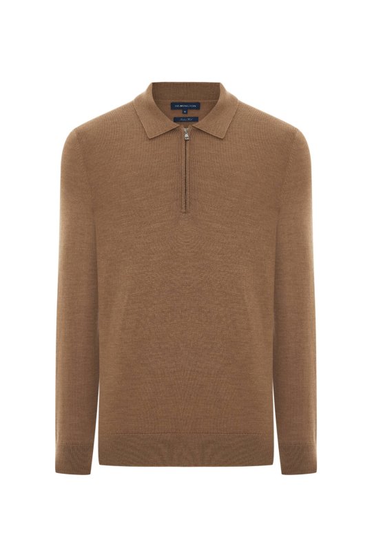 Merino Yünü Polo Yaka Yarım Fermuarlı Camel Triko Kazak
