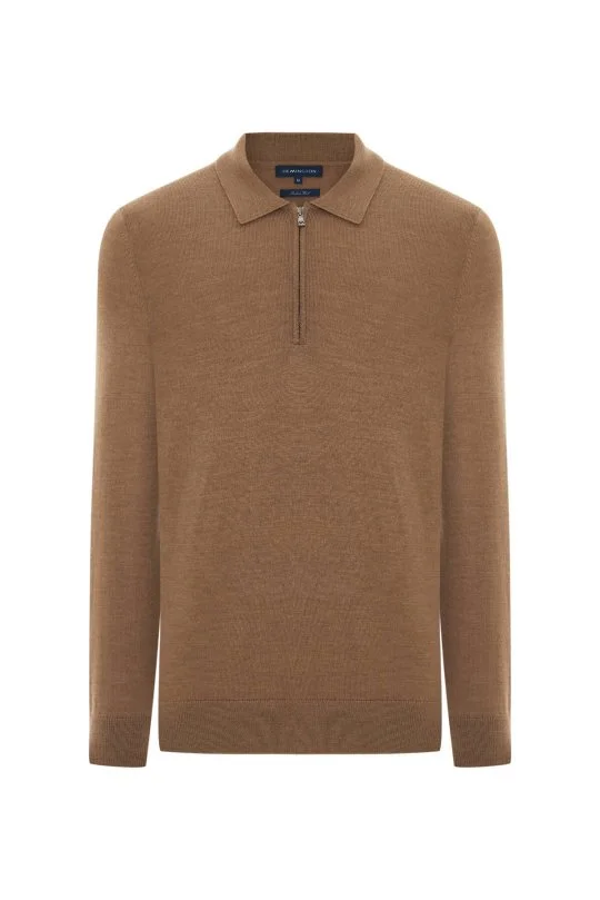 Hemington - Merino Yünü Polo Yaka Yarım Fermuarlı Camel Triko Kazak (6)