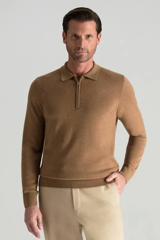 Hemington - Merino Yünü Polo Yaka Yarım Fermuarlı Camel Triko Kazak (1)