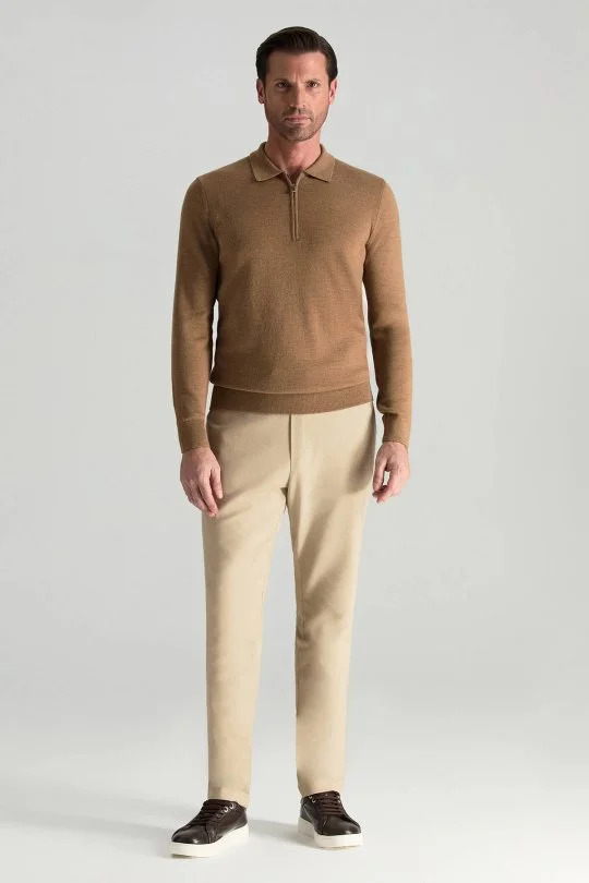 Hemington - Merino Yünü Polo Yaka Yarım Fermuarlı Camel Triko Kazak (2)