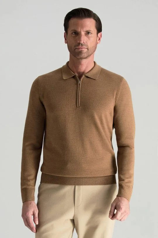Hemington - Merino Yünü Polo Yaka Yarım Fermuarlı Camel Triko Kazak (1)
