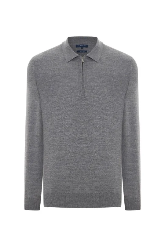 Hemington - Merino Yünü Polo Yaka Yarım Fermuarlı Gri Triko Kazak (6)