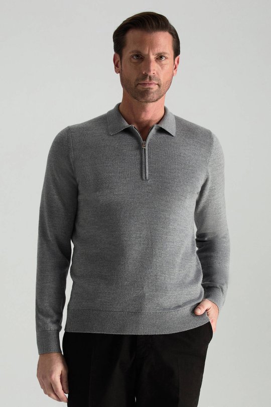 Merino Yünü Polo Yaka Yarım Fermuarlı Gri Triko Kazak