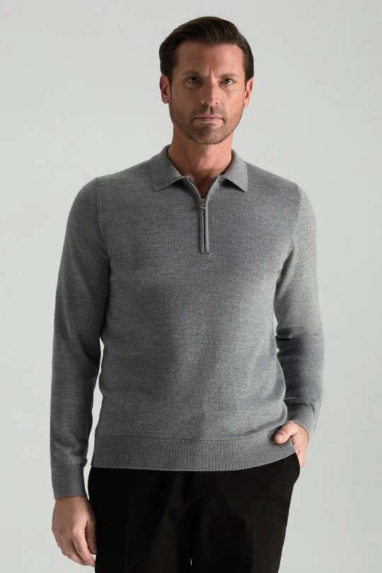 Hemington - Merino Yünü Polo Yaka Yarım Fermuarlı Gri Triko Kazak (1)