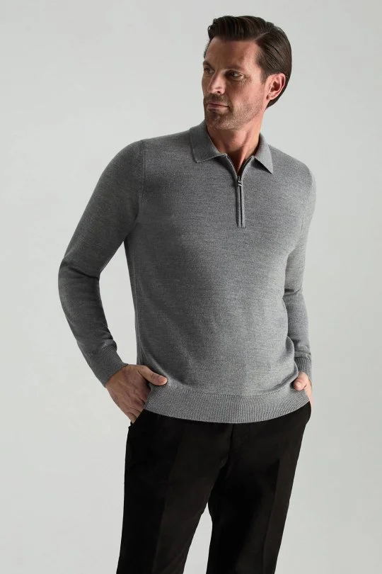 Hemington - Merino Yünü Polo Yaka Yarım Fermuarlı Gri Triko Kazak (1)