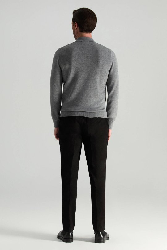 Merino Yünü Polo Yaka Yarım Fermuarlı Gri Triko Kazak