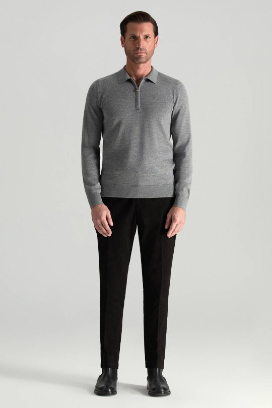 Merino Yünü Polo Yaka Yarım Fermuarlı Gri Triko Kazak