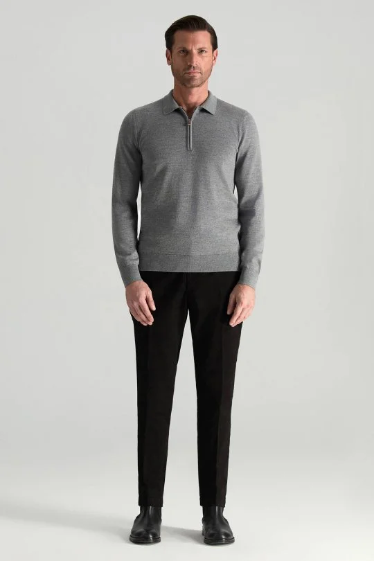 Hemington - Merino Yünü Polo Yaka Yarım Fermuarlı Gri Triko Kazak (2)