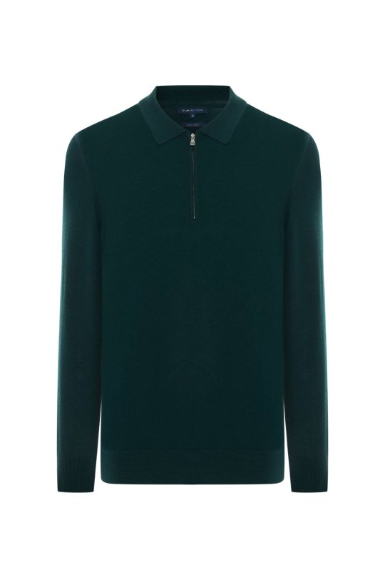 Merino Yünü Polo Yaka Yarım Fermuarlı Koyu Yeşil Triko Kazak