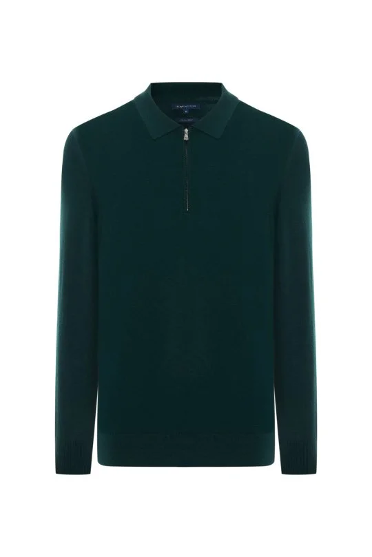 Hemington - Merino Yünü Polo Yaka Yarım Fermuarlı Koyu Yeşil Triko Kazak (6)