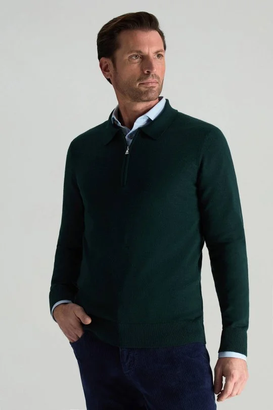 Hemington - Merino Yünü Polo Yaka Yarım Fermuarlı Koyu Yeşil Triko Kazak (1)